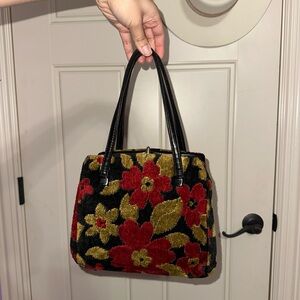 Floral Patterned Handbag - Black, Red, Gold